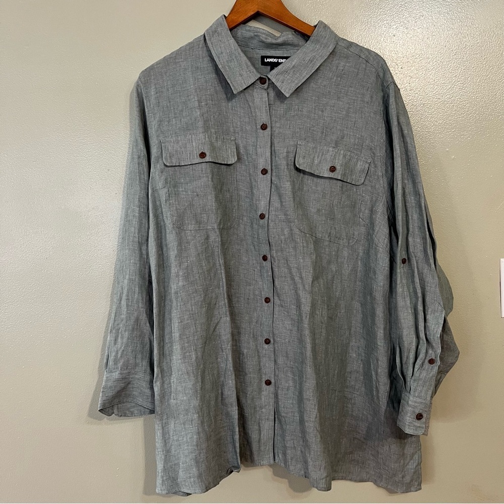 Lands End Womens Green Roll Top Sleeves Pockets Button Up Shirt 100% Linen 3X